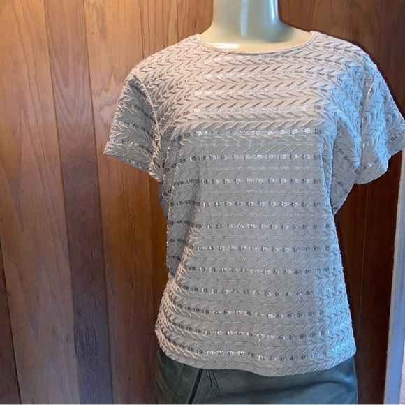 Sag Harbor Knit Short Sleeve Top With Eye Appealing Pattern In Wheat. Versatile! - Picture 1 of 5